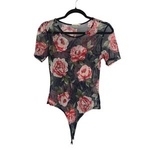 Y2K Floral Mesh Bodysuit M Black Red Rose Sheer‎ Romantic Grunge Stretch Top